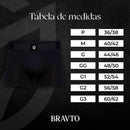 Cueca Boxer Cotton Premium Bravto preta com tabela de medidas do P ao G3, destacando conforto e durabilidade para uso diário masculino.